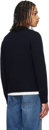 GANNI Navy Graphic Wool Mix Baseball Sweater