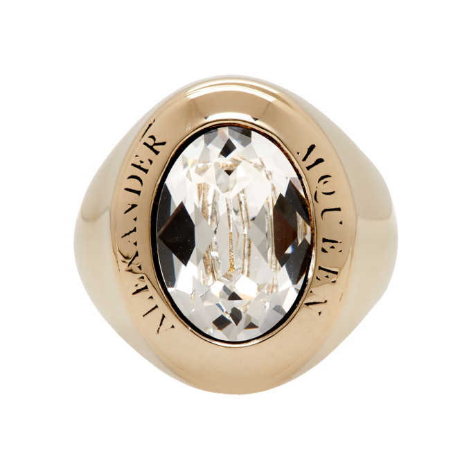 Photo: Alexander McQueen Gold and Crystal Jewelled Logo Ring