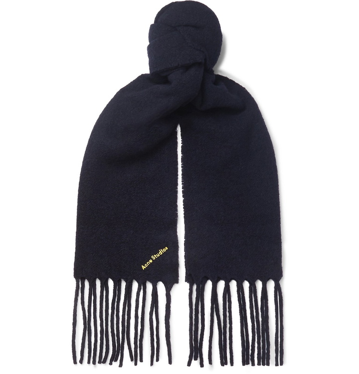 Photo: Acne Studios - Fringed Logo-Embroidered Boiled Wool-Blend Scarf - Blue