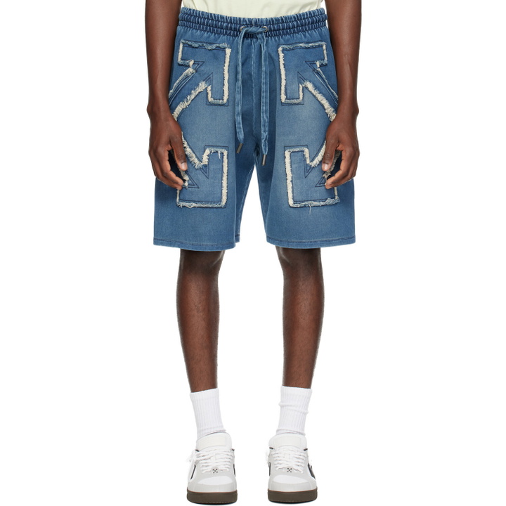 Photo: Off-White Blue Distressed Arrow Skate Sweat Shorts