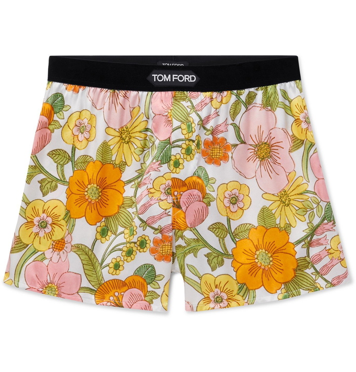 Photo: TOM FORD - Velvet-Trimmed Floral-Print Stretch-Silk Satin Boxer Shorts - Multi