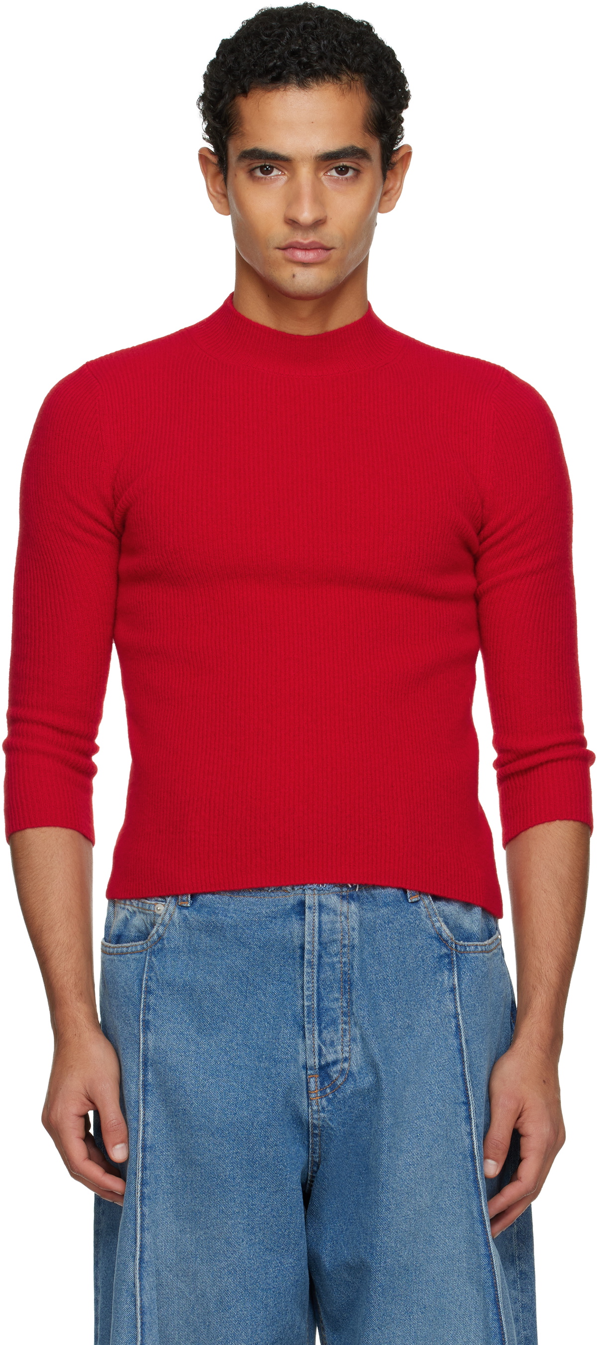 ALAINPAUL Red Knit 3/4 Sleeves Crewneck Sweater