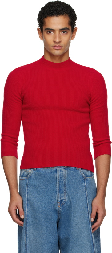 Photo: ALAINPAUL Red Knit 3/4 Sleeves Crewneck Sweater