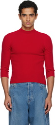 ALAINPAUL Red Knit 3/4 Sleeves Crewneck Sweater