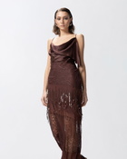 Pinko Satin Lace And Rhinestone Fringe Slip Dress Soil Brown