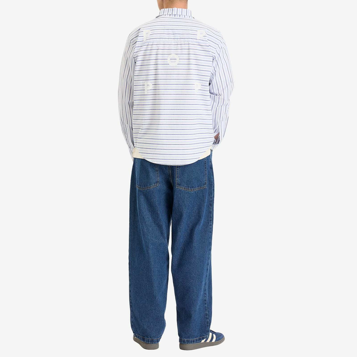 Pop Trading Company Men's Striped Logo Shirt in White/Blue Linen