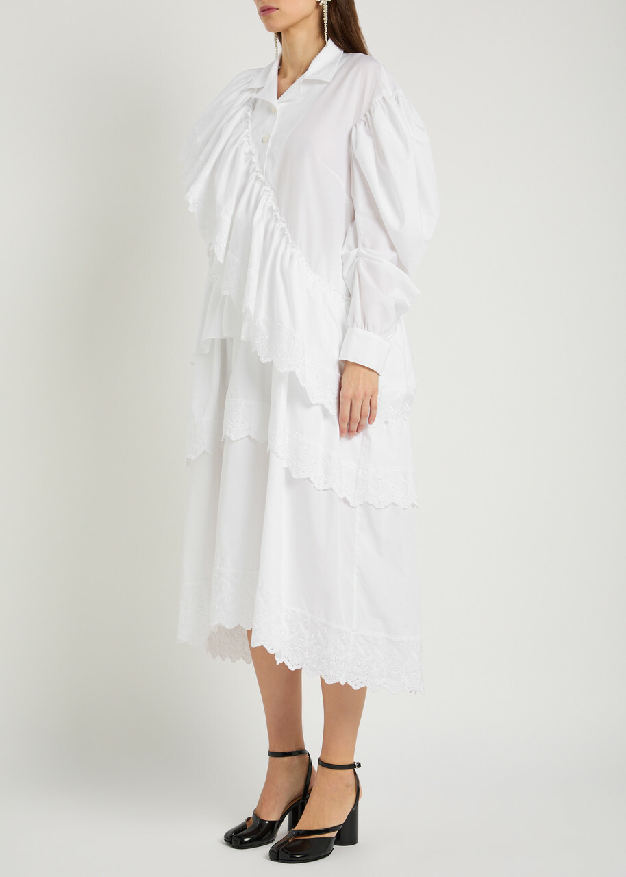 Simone Rocha Ruffled Cotton Midi Shirt Dress White