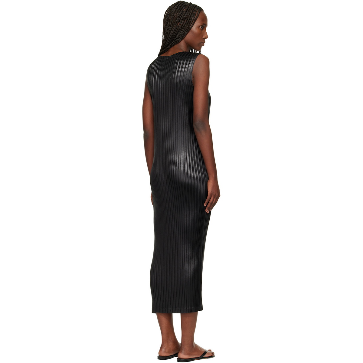 ISSEY MIYAKE Black Glossed Metal Pleats Midi Dress