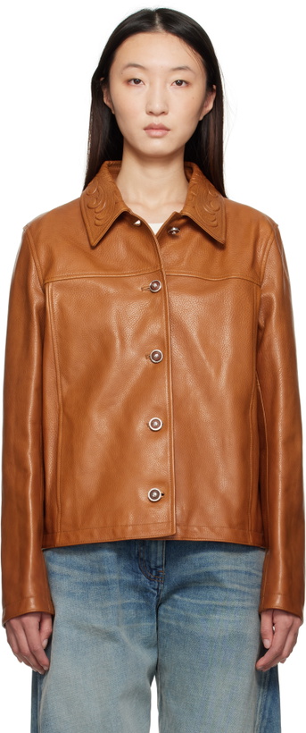 Photo: Versace Tan Barocco Boxy Leather Jacket