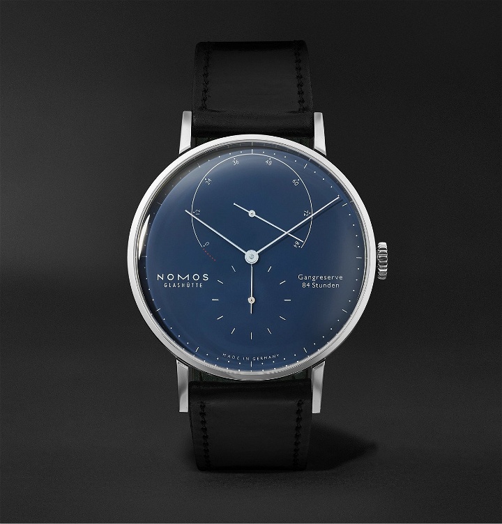 Photo: NOMOS Glashütte - Lambda Hand-Wound 40.5mm Stainless Steel and Leather Watch, Ref. No. 960.S3 - Blue