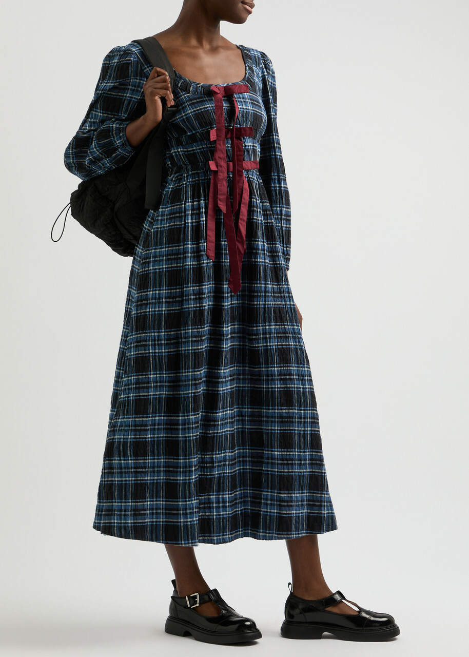 Damson Madder Dakota Checked Seersucker Midi Dress Blue Damson Madder