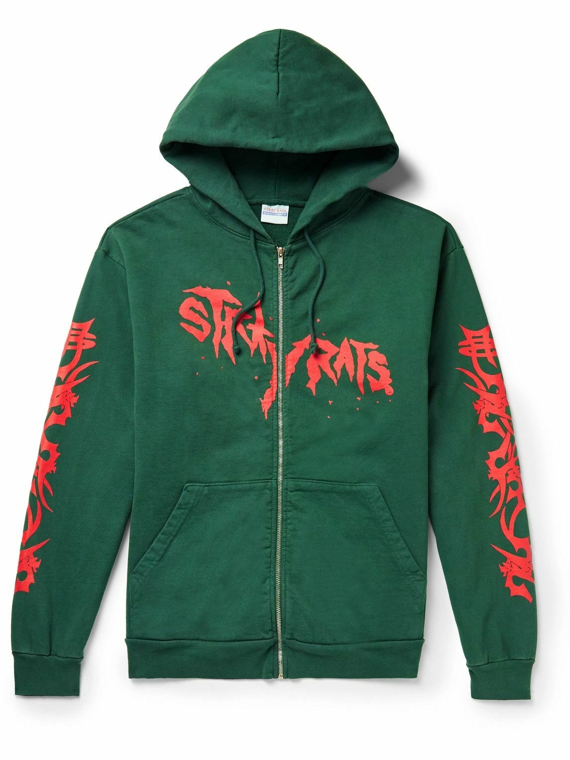 Photo: Stray Rats - Printed Cotton-Jersey Zip-Up Hoodie - Green