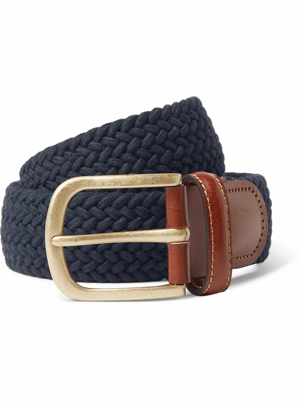 3.5cm Leather-Trimmed Woven Stretch-Cotton Belt