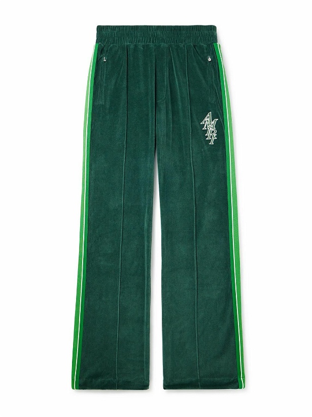 Photo: AMIRI - Straight-Leg Logo-Embroidered Striped Cotton-Velour Track Pants - Green