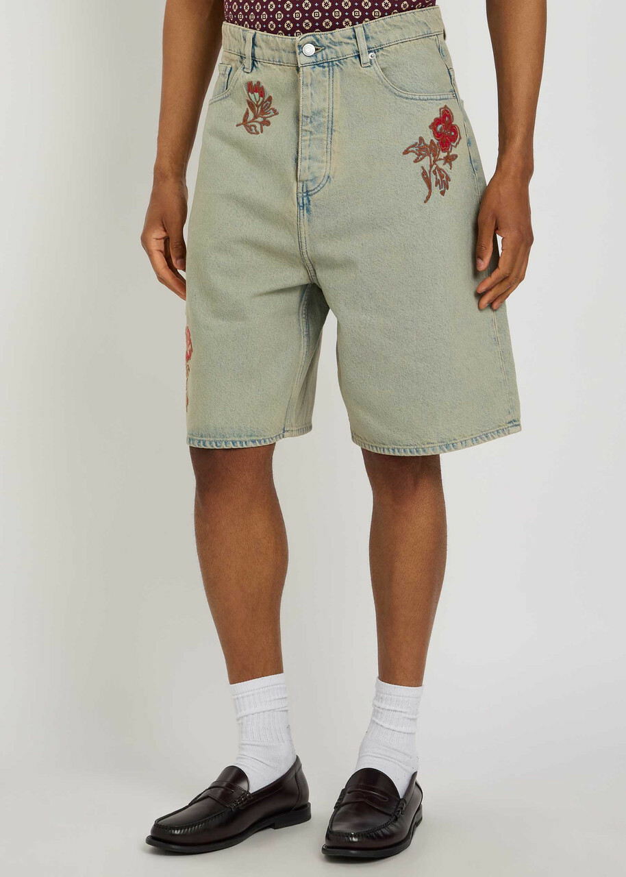DRÔLE DE Monsieur Dusty Brodé Fleurs Embroidered Denim Shorts