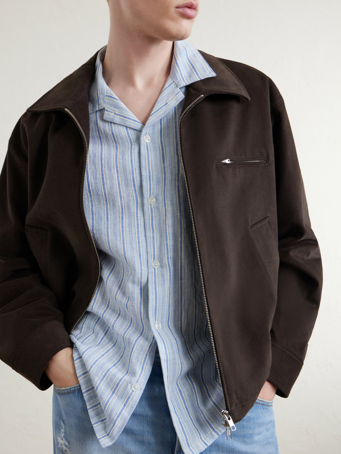 Corridor - Convertible-Collar Striped Cotton and Linen-Blend Shirt - Blue