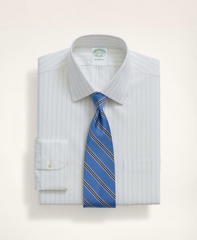 Photo: Brooks Brothers Men's Stretch Milano Slim-Fit Dress Shirt, Non-Iron Herringbone Thin Stripe Ainsley Collar | White