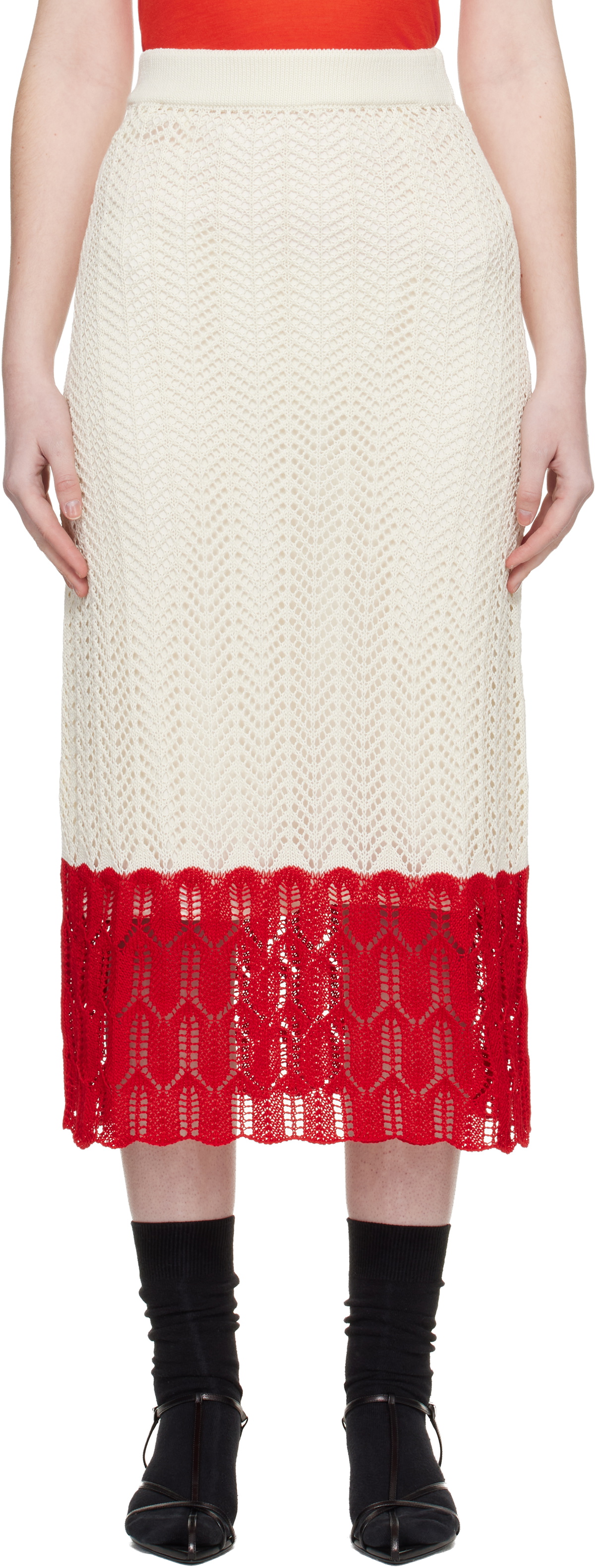 Jil Sander Off-White & Red Bicolor Lace Midi Skirt