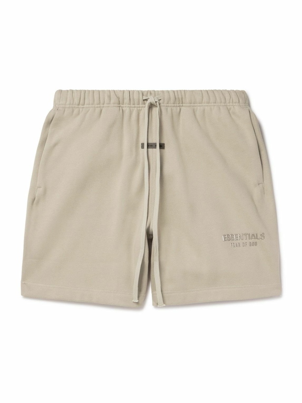Photo: FEAR OF GOD ESSENTIALS - Wide-Leg Logo-Appliquéd Cotton-Blend Jersey Drawstring Shorts - Neutrals