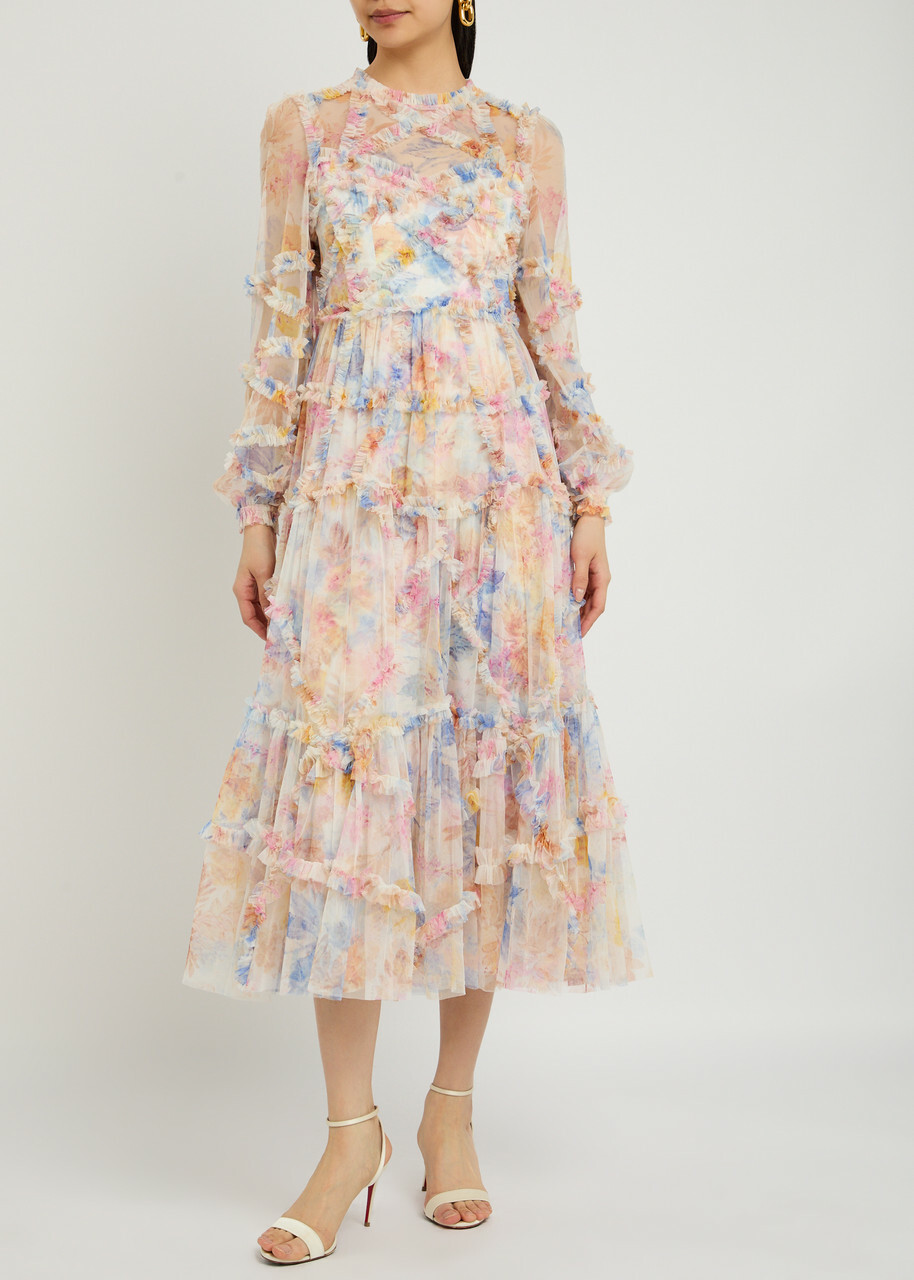 Needle & Thread Mariannes Floral-embellished Tulle Midi Dress Multicoloured