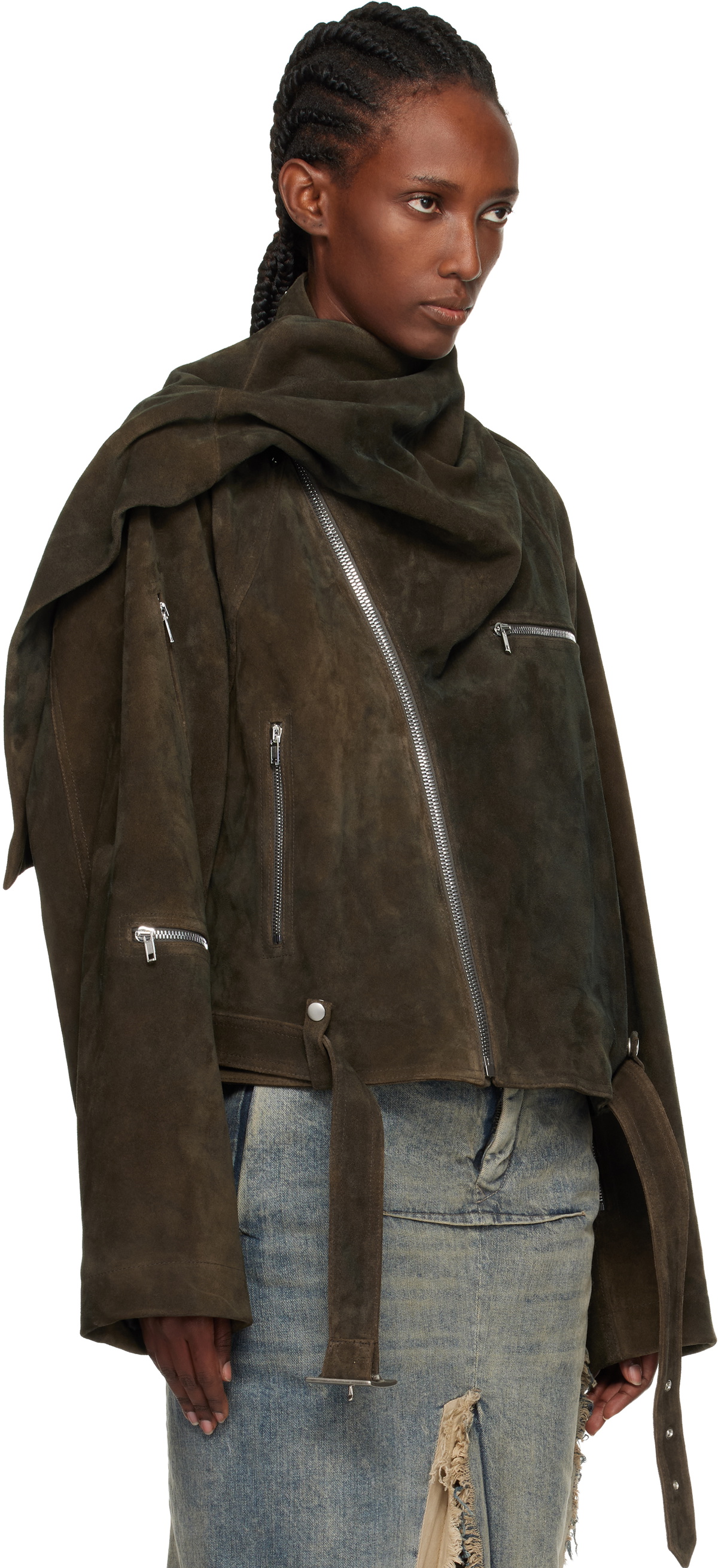 Rick Owens Gray Concordians Cropped Scarf Flight Suede Jacket