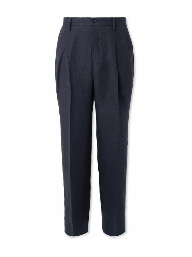 Photo: Kaptain Sunshine - Shoecut Slacks Straight-Leg Pleated Linen and Silk-Blend Suit Trousers - Blue