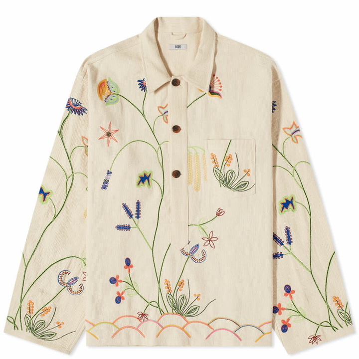 Photo: Bode Men's Wildflower Embroidered Popover Overshirt in Ecru/Multi