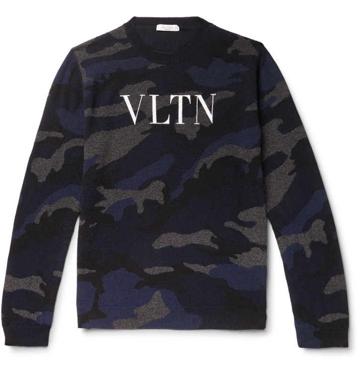 Photo: Valentino - Logo-Painted Camouflage-Intarsia Cashmere Sweater - Blue