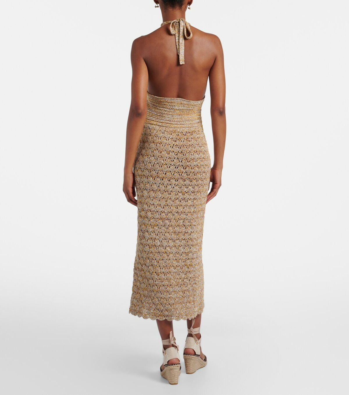 Valentino Open-knit linen-blend lamé midi dress