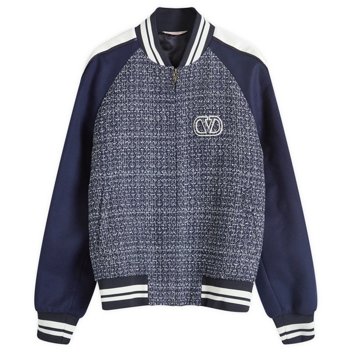Photo: Valentino Men's Signature Wool Bomber Jacket in Blue/White/Navy