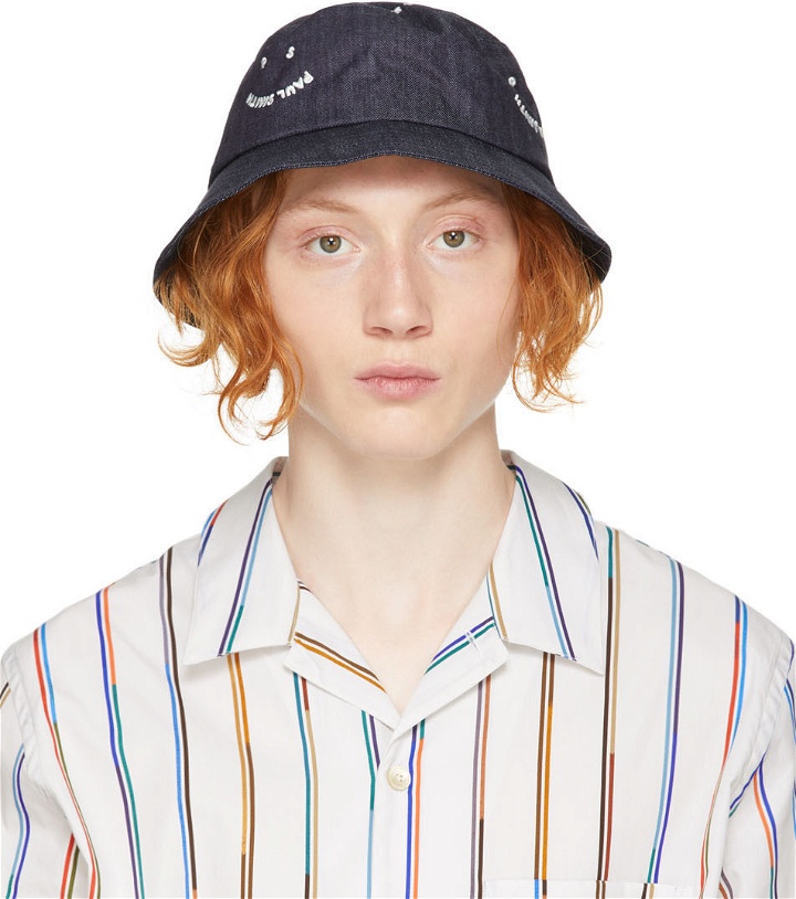 Photo: PS by Paul Smith Navy Denim 'PS' Smile Bucket Hat