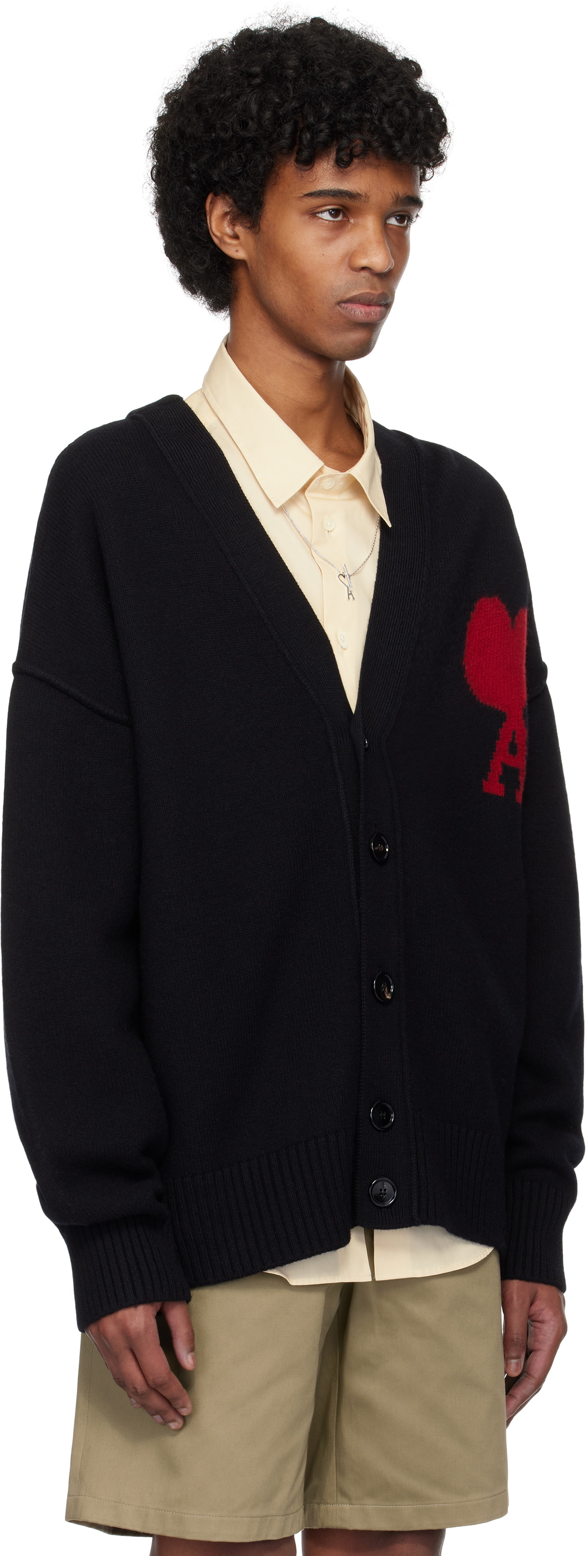 AMI Paris Black Wool Ami de Coeur Cardigan