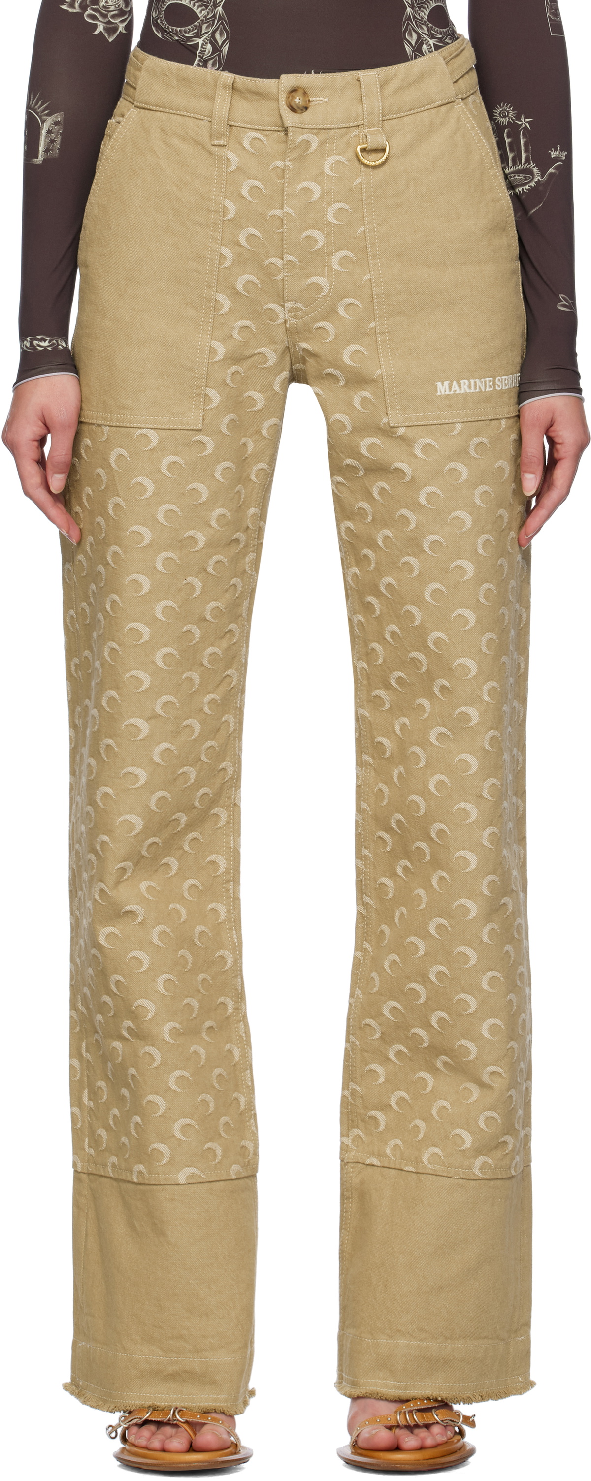 Marine Serre Beige Moon Jacquard Twill Workwear Trousers Marine Serre