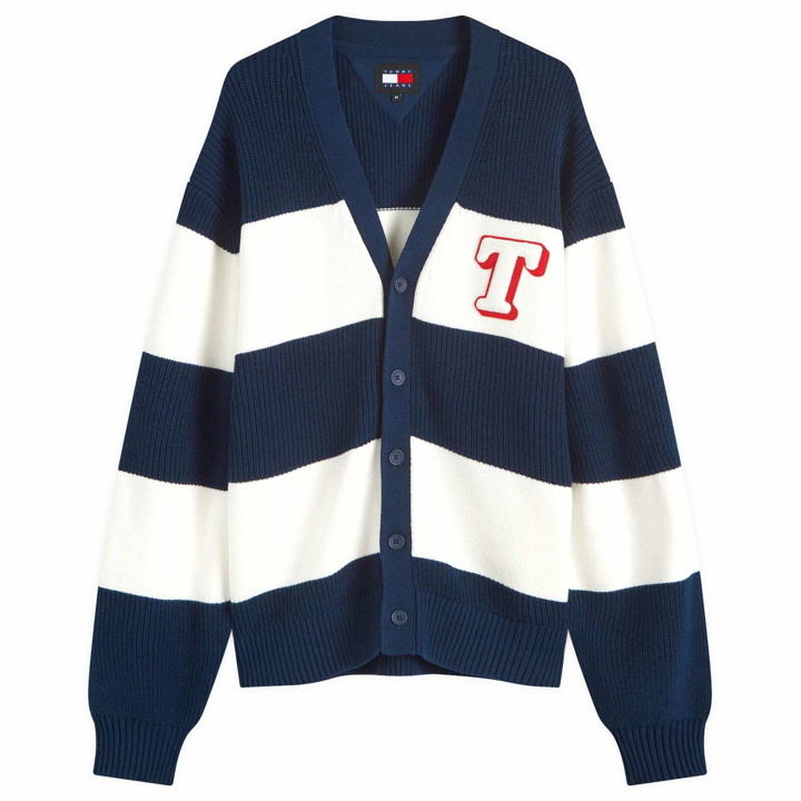 Photo: Tommy Jeans Men's Single Letter Texture Stripe Cardigan in Dark Night Navy/Ancient White