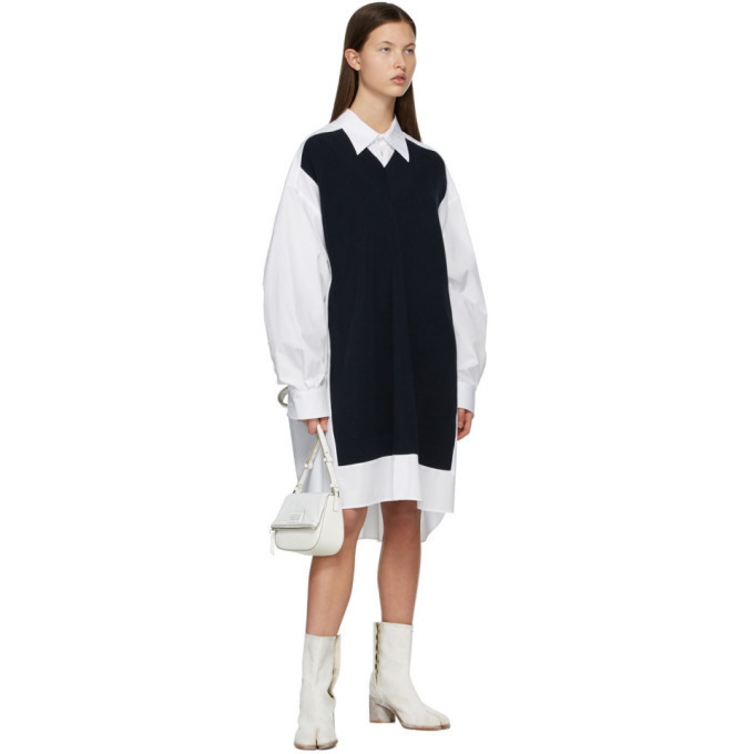 Maison Margiela White and Navy Spliced Knit Shirt Dress