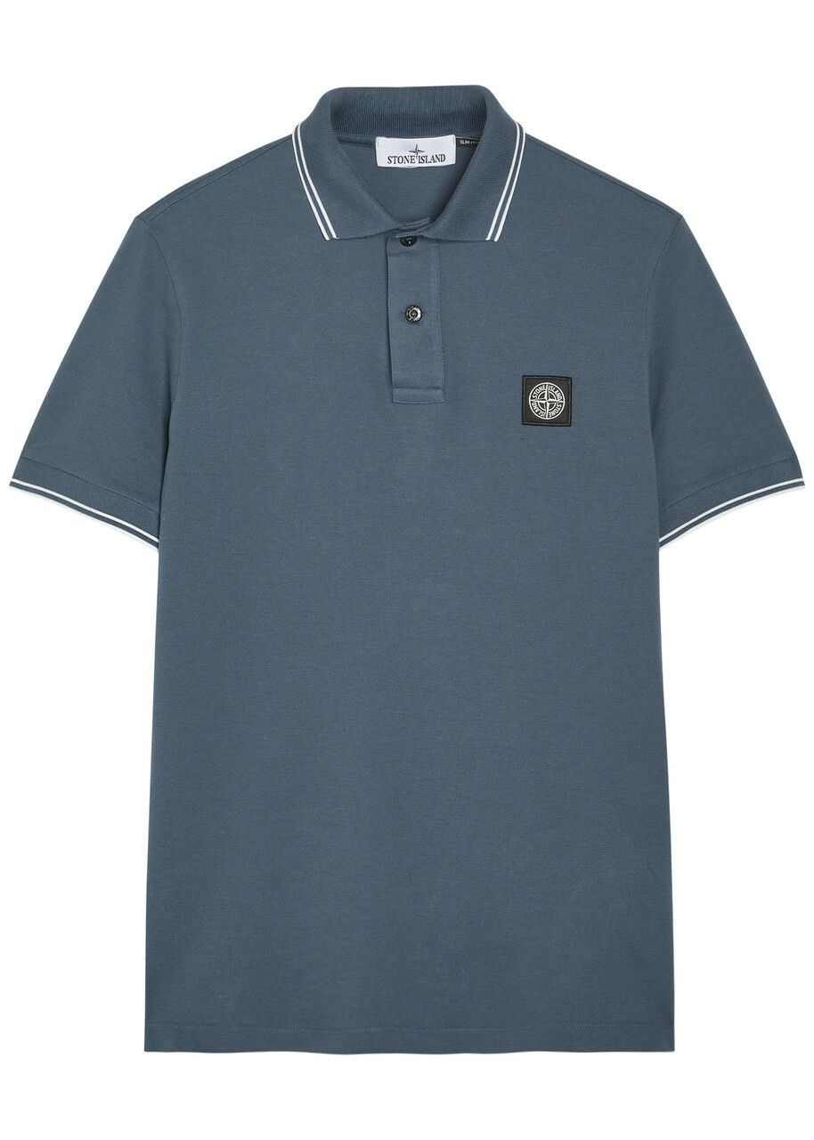 Stone Island Logo-appliquéd Piqué Cotton Polo Shirt Blue Dark