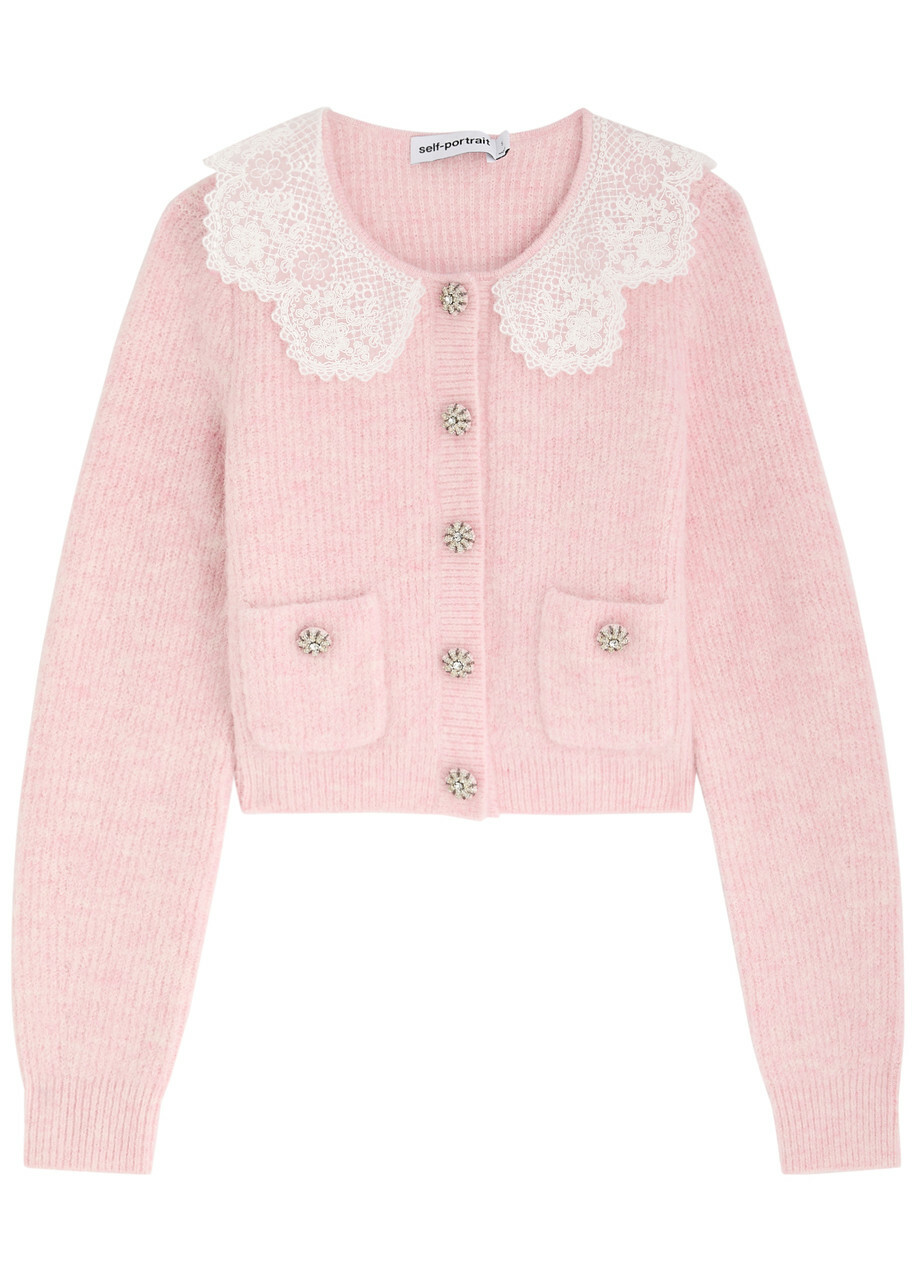 Self-portrait Lace-trimmed Alpaca-blend Cardigan Pink Self