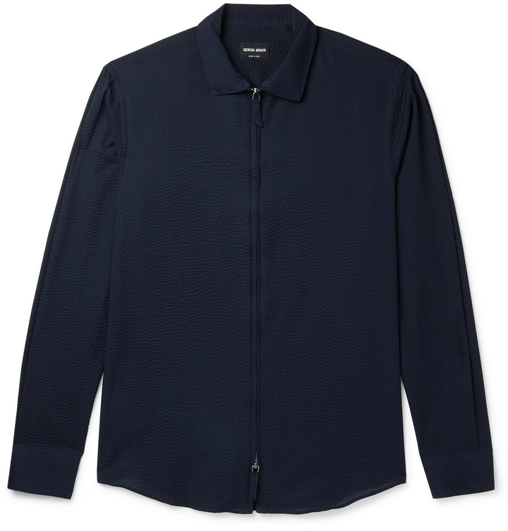 Photo: Giorgio Armani - Camicia Slim-Fit Cotton-Seersucker Zip-Up Overshirt - Blue