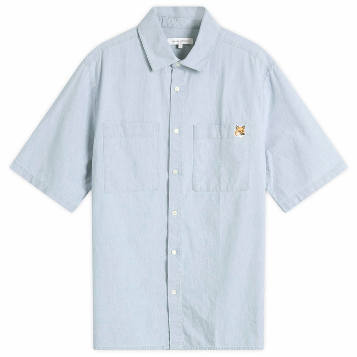 Photo: Maison Kitsuné Men's Relaxed Chambray Short Sleeve Shirt in Indigo
