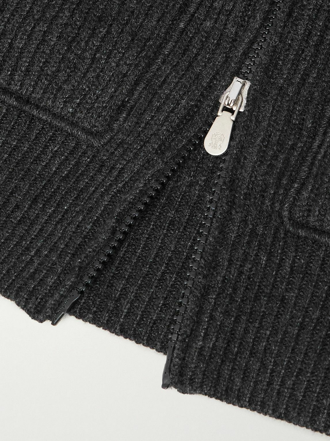 Brunello Cucinelli - Logo-Embroidered Ribbed Cashmere Zip-Up Hoodie - Gray