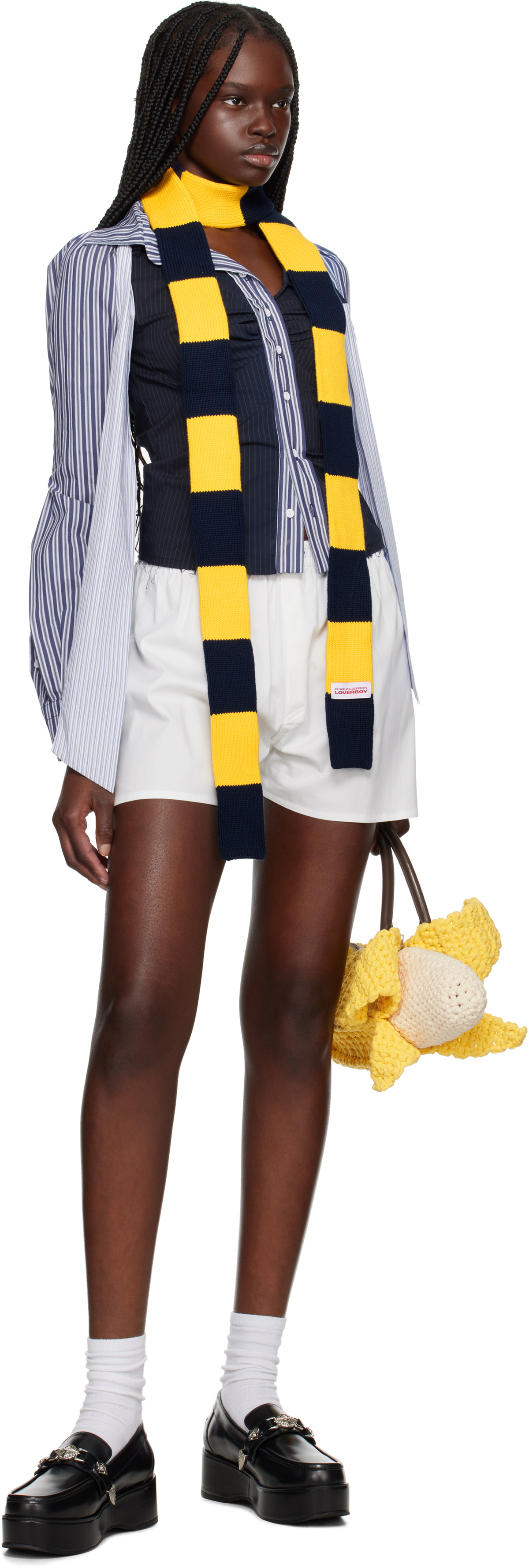 Charles Jeffrey LOVERBOY Yellow & Navy Skinny Scarf