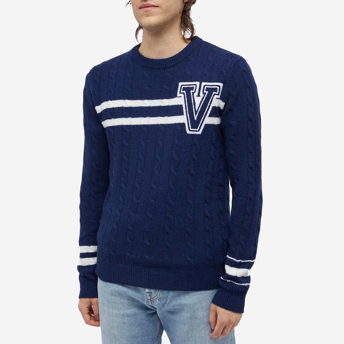 Valentino Men's V Logo Crew Knit in Blue/Ivory Valentino