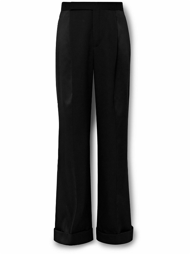 Photo: SAINT LAURENT - Wide-Leg Pleated Panelled Wool-Twill and Satin Tuxedo Trousers - Black