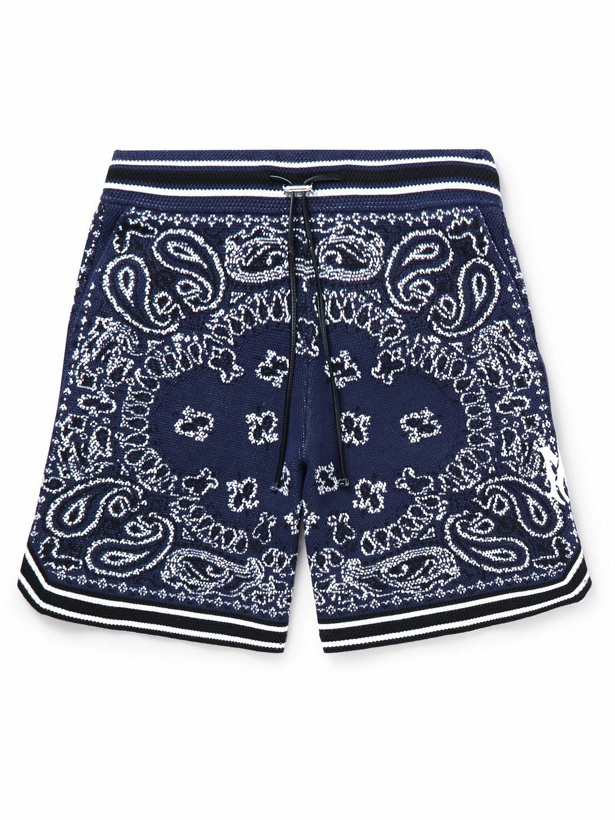 Photo: AMIRI - Wide-Leg Logo-Embroidered Crocheted Cotton-Blend Drawstring Shorts - Blue