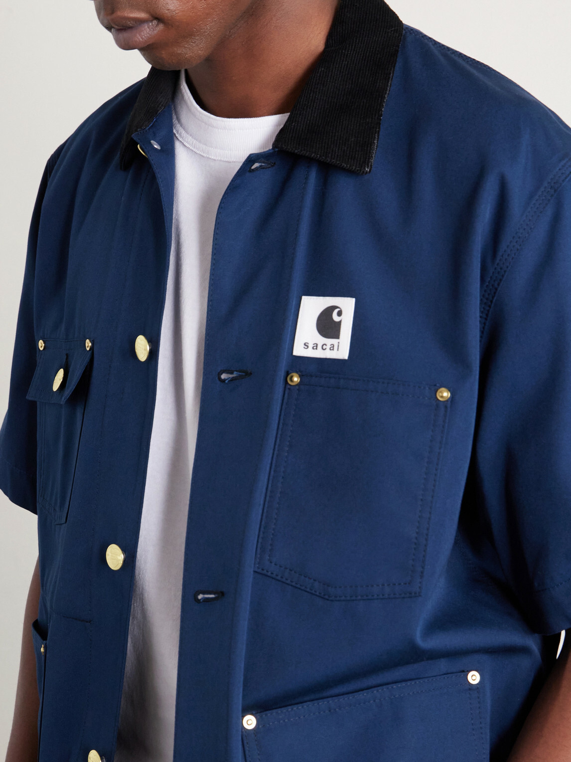 Sacai - Carhartt WIP Logo-Appliquéd Corduroy-Trimmed Cotton-Canvas Shirt - Blue