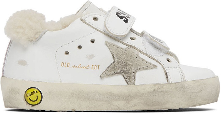Photo: Golden Goose Baby White Shearling Old School Velcro Sneakers