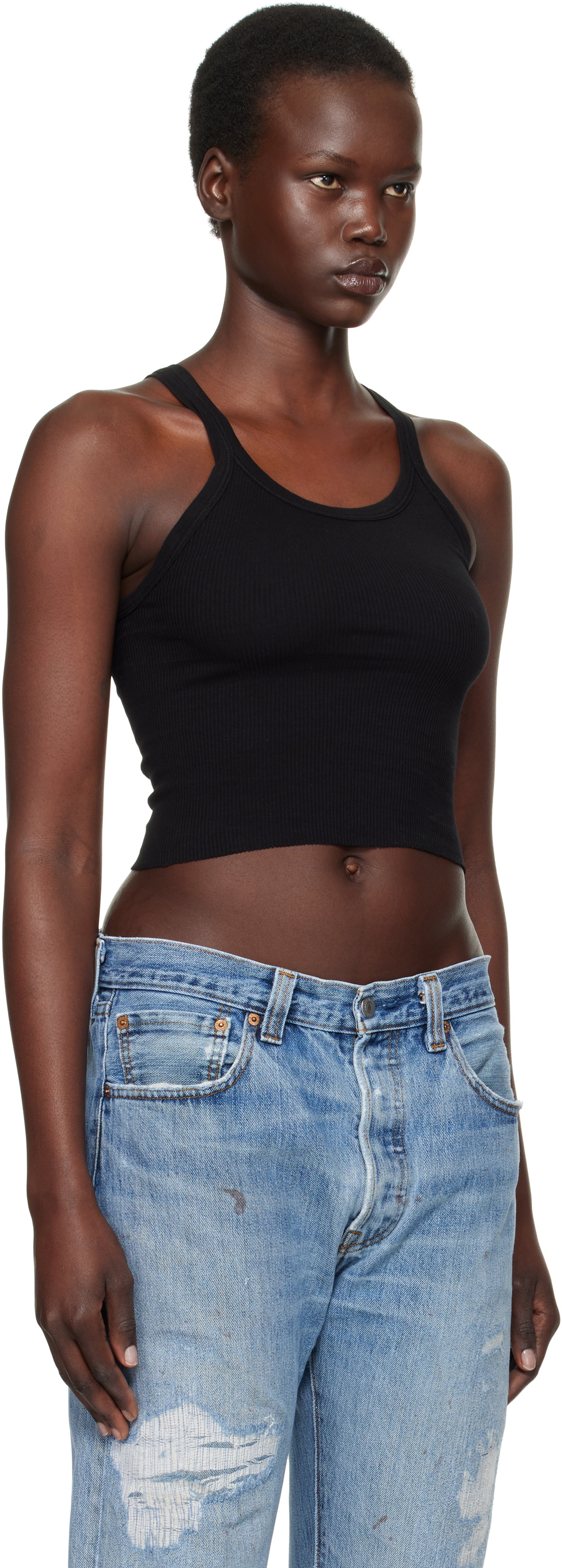 Re/Done Black Hanes Edition Cropped Ribbed Tank Top