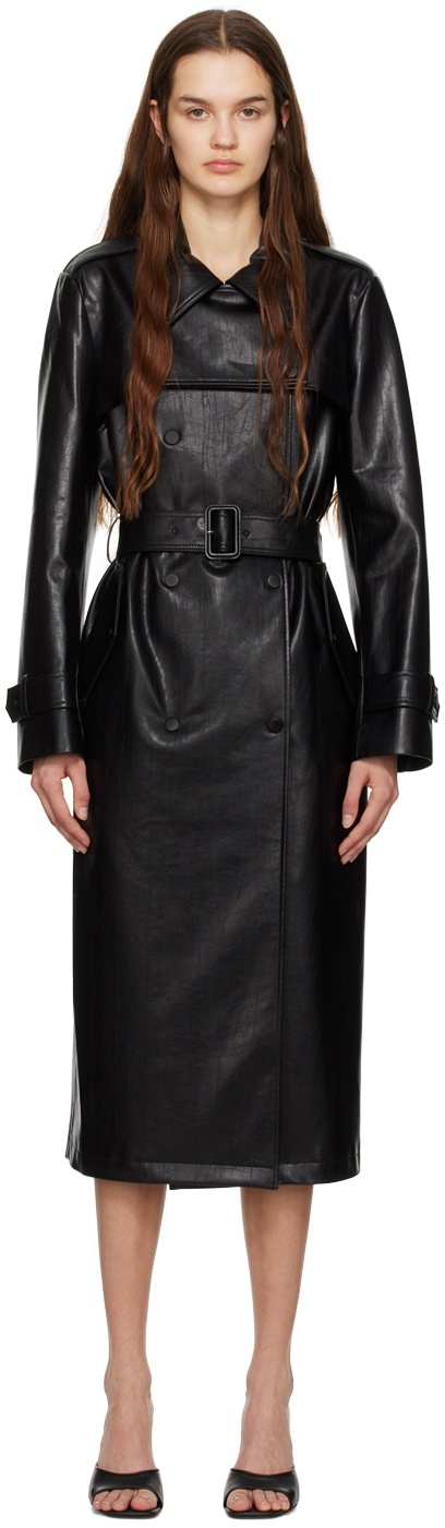 DRAE Black Layered-Wing Faux-Leather Trench Coat