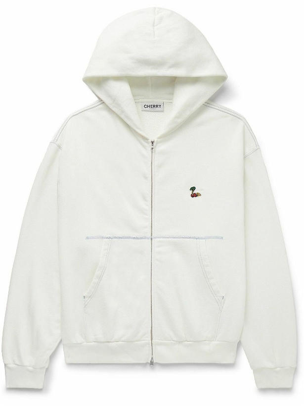 Photo: CHERRY LA - Logo-Appliquéd Garment-Dyed Cotton-Jersey Zip-Up Hoodie - White