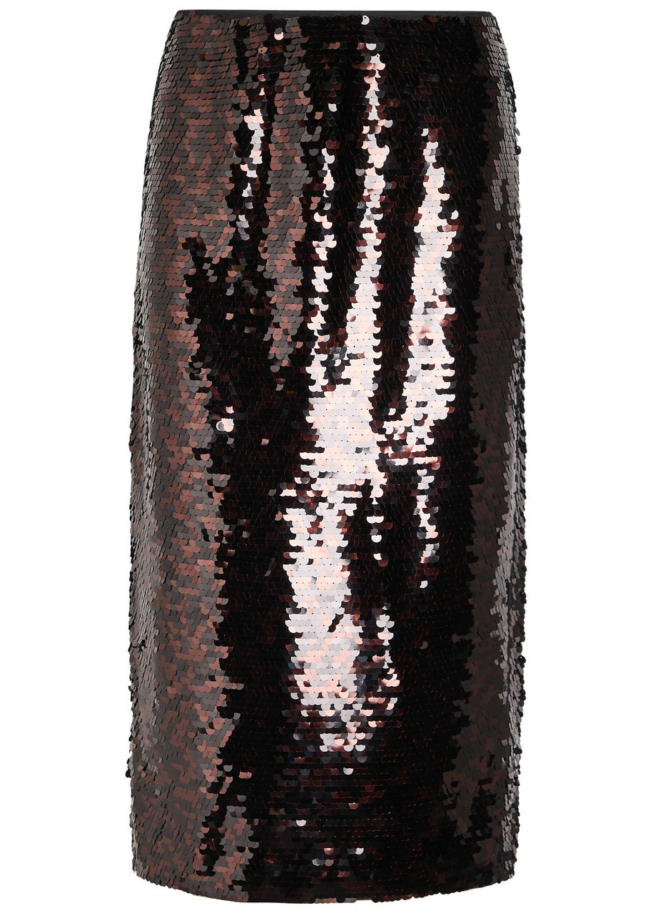 Staud Ciara Sequin-embellished Mesh Midi Skirt Dark Brown